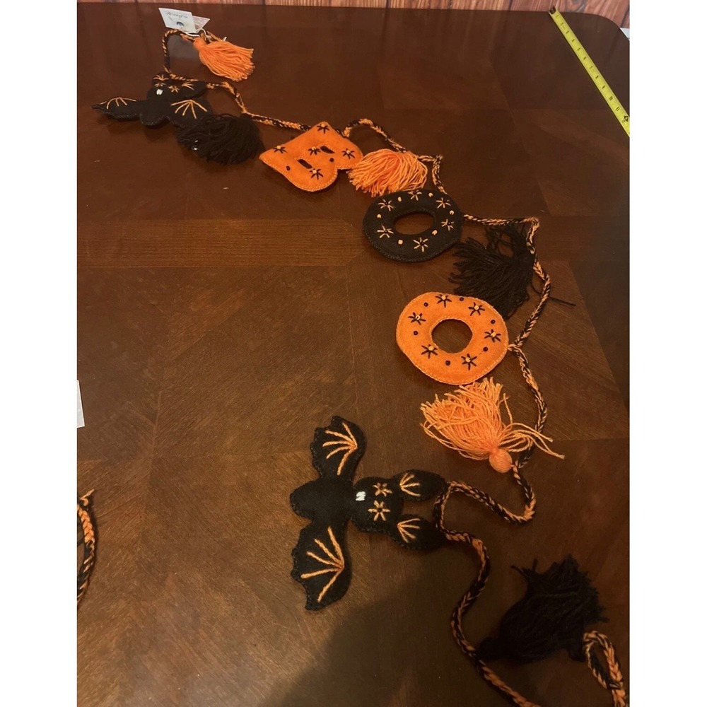 Melange Collection Handmade Wool Halloween Boo Bat Garland Orange Black Peru